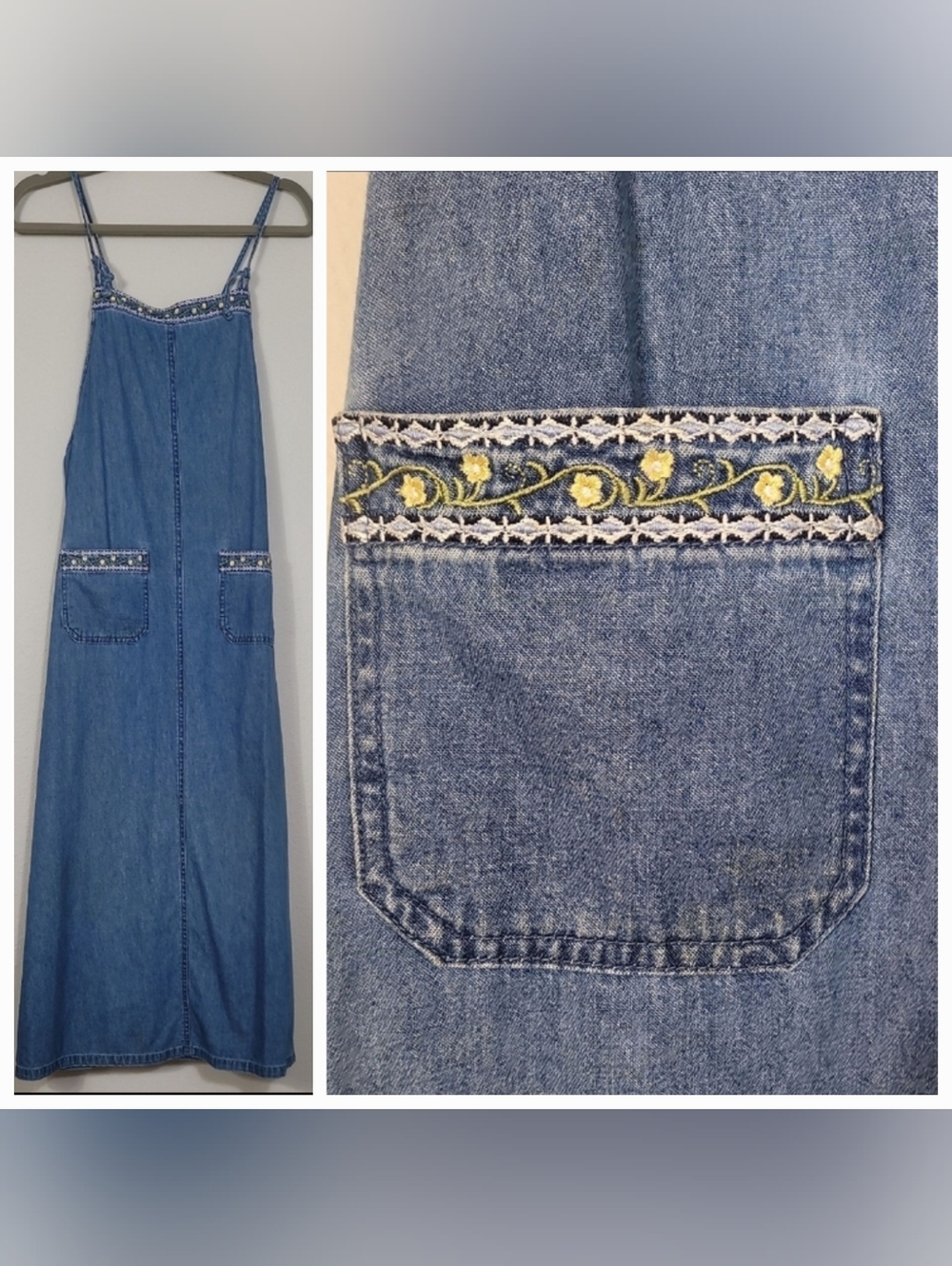 Vintage Robbie Bee Denim Jumper Dress Size 10 S/M Embroidered Floral Cottagecore